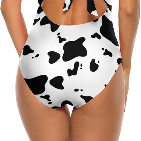 Black and White Dalmatian One Piece Swimsuits for Women High Waist - Picture 2 of 14